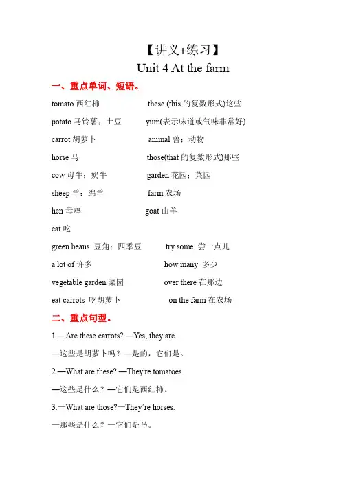 Unit 4(讲义+练习)2022-2023 四年级英语下册 单元复习讲义 人教PEP(含答案)