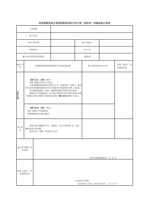 现浇钢筋混凝土管渠钢筋原材料分项工程(验收批)质量检验记录表