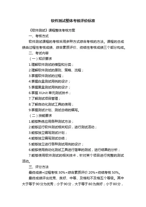 软件测试整体考核评价标准