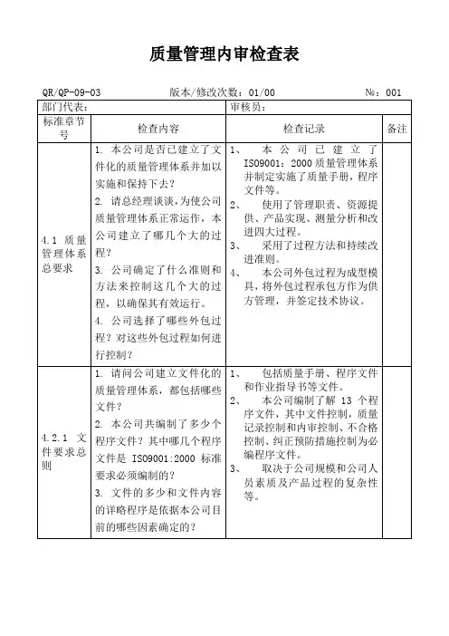 (财务内部审计)质量管理内审检查表
