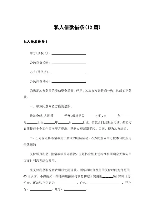 私人借款借条(12篇)