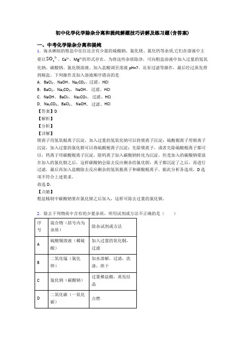 初中化学化学除杂分离和提纯解题技巧讲解及练习题(含答案)