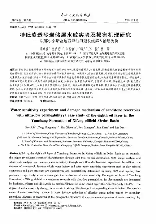 特低渗透砂岩储层水敏实验及损害机理研究——以鄂尔多斯盆地西峰油田延长组第8油层为例