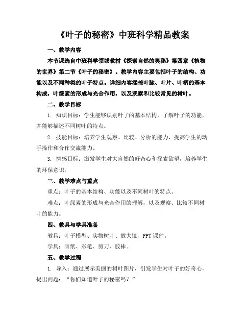 《叶子的秘密》中班科学精品教案