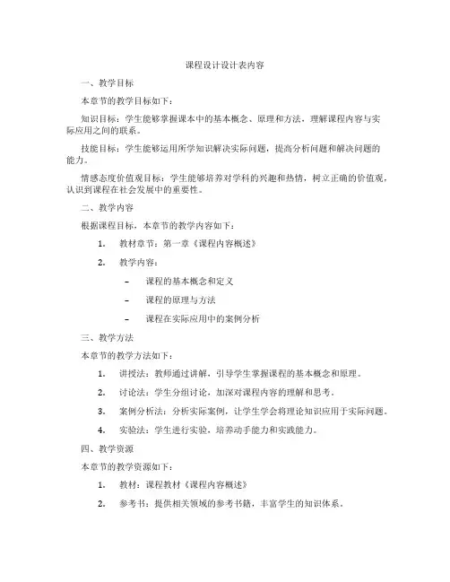课程设计设计表内容