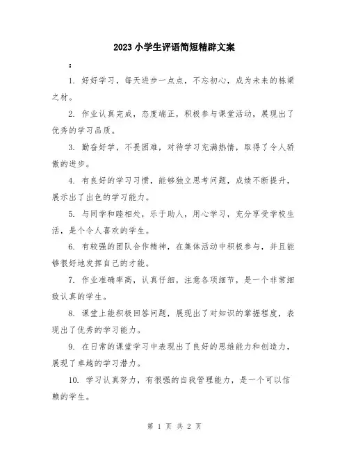 2023小学生评语简短精辟文案