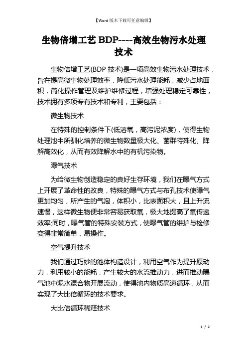 生物倍增工艺BDP----高效生物污水处理技术