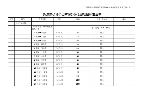 政府定价涉企经营服务性收费项目标准清单