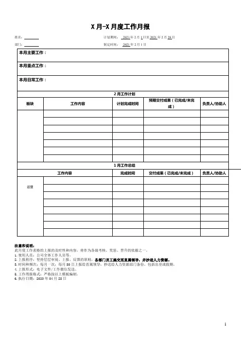 工作月报参考模板