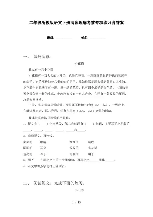 二年级浙教版语文下册阅读理解考前专项练习含答案