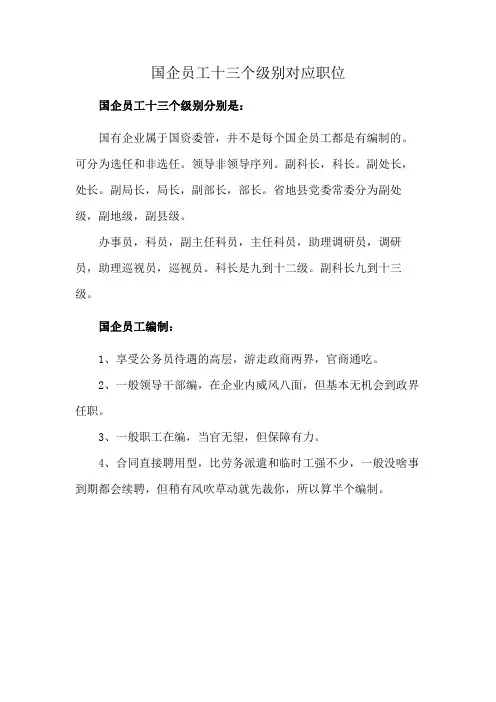 国企员工十三个级别对应职位