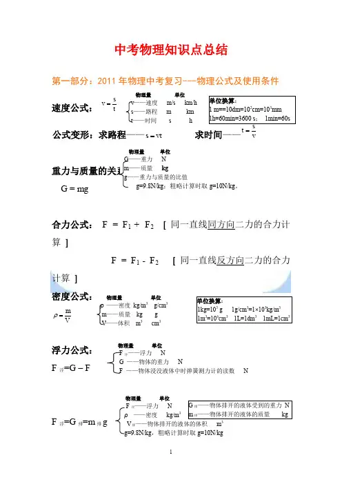 2011年中考物理易考知识点总结(精华版)(word文档良心出品)