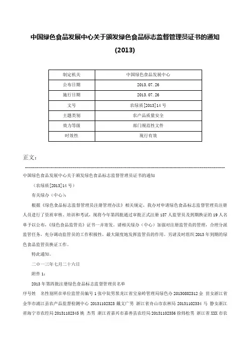 中国绿色食品发展中心关于颁发绿色食品标志监督管理员证书的通知(2013)-农绿质[2013]14号