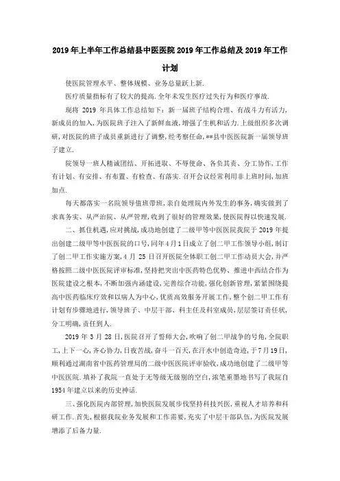 2019年上半年工作总结 县中医医院2019年工作总结及2019年工作计划 精品