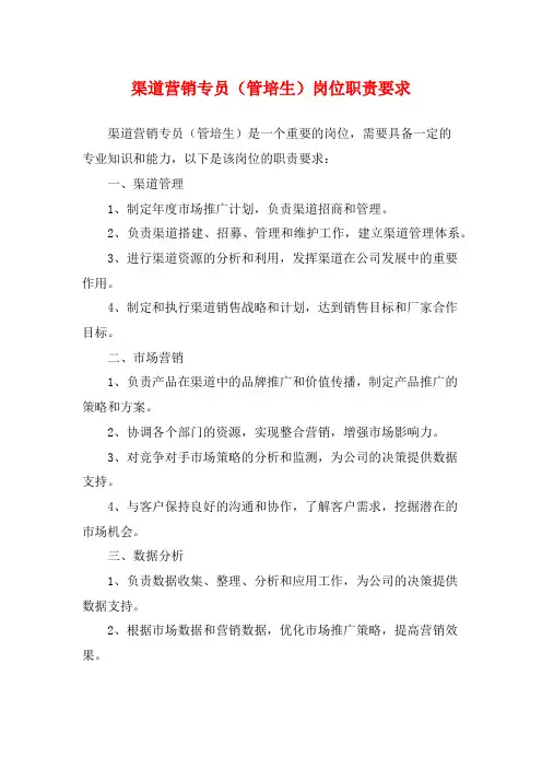 渠道营销专员(管培生)岗位职责要求