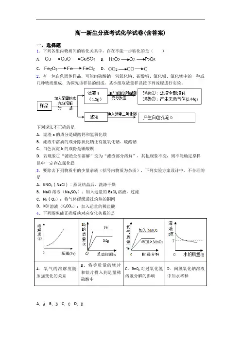 高一新生分班考试化学试卷(含答案)