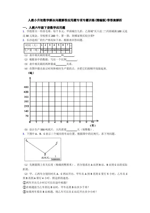 人教小升初数学解决问题解答应用题专项专题训练(精编版)带答案解析