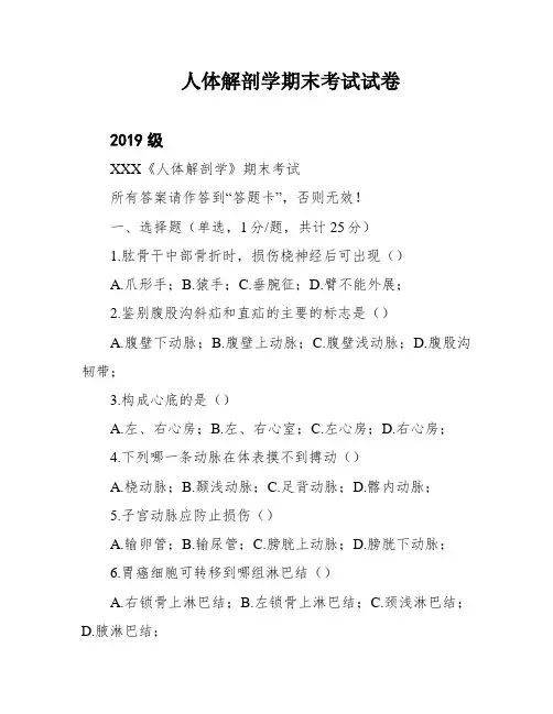 人体解剖学期末考试试卷