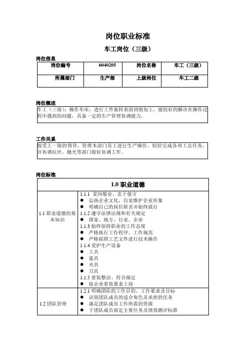 车工岗位职业标准 三级