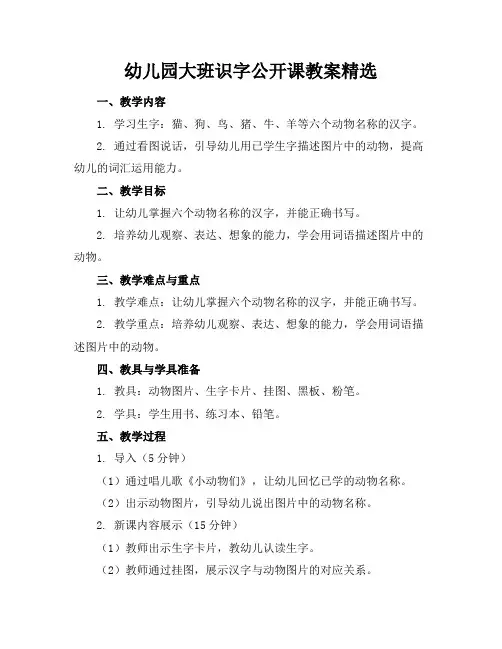 幼儿园大班识字公开课教案精选