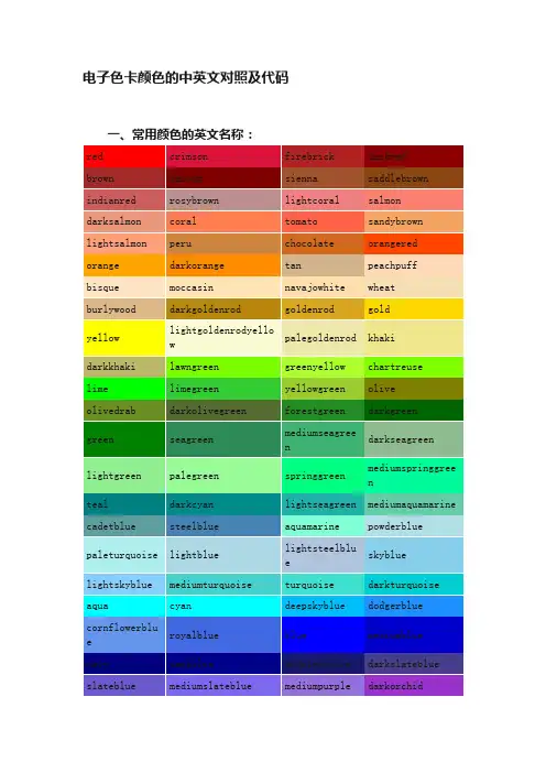 电子色卡颜色的中英文对照及代码