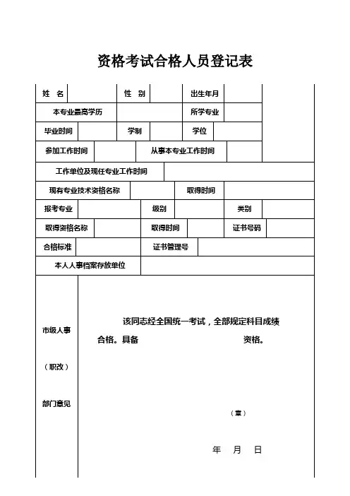 资格考试合格人员登记表