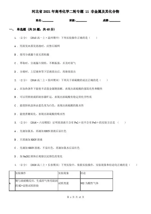 河北省2021年高考化学二轮专题 11 非金属及其化合物