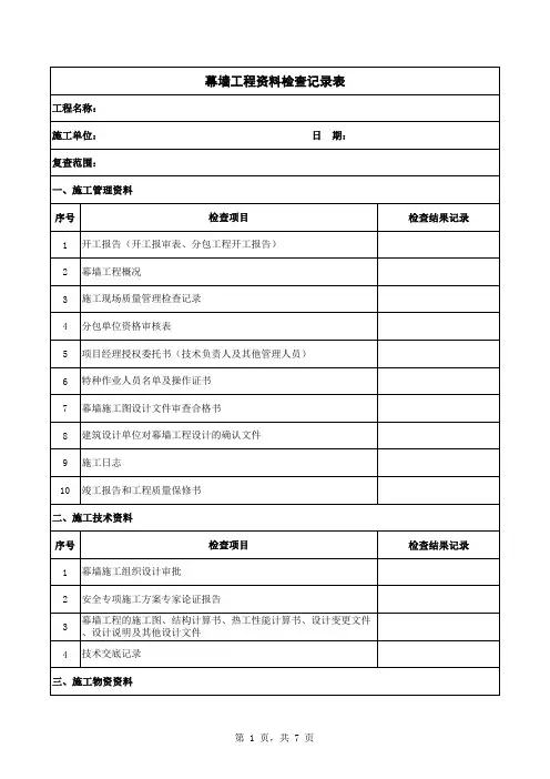 幕墙工程资料检查记录表(完全版)