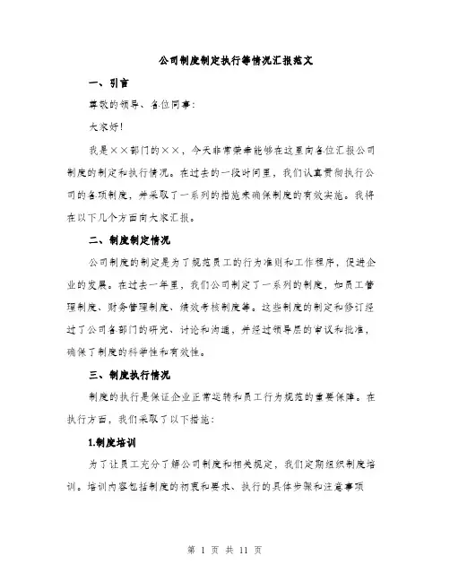 公司制度制定执行等情况汇报范文（三篇）
