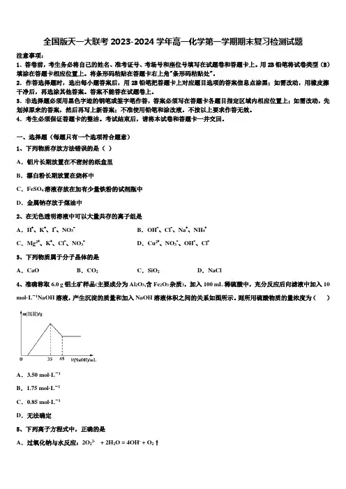 全国版天一大联考2023-2024学年高一化学第一学期期末复习检测试题含解析