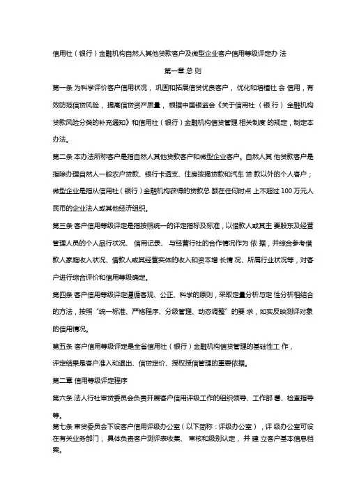 信用社银行金融机构自然人其他贷款客户及微型企业客户信用等级评定办法