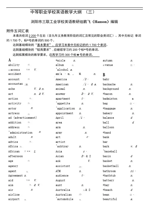中等职业学校英语教学大纲名词词汇表