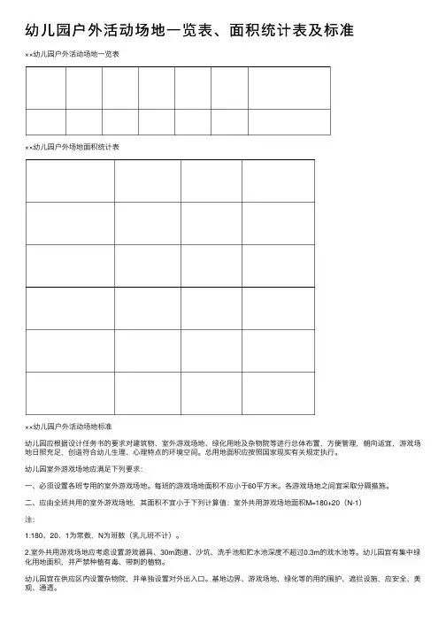 幼儿园户外活动场地一览表、面积统计表及标准