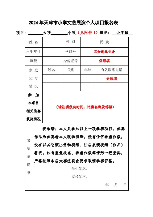 天津市小学2024年文艺展演个人项目报名表样表