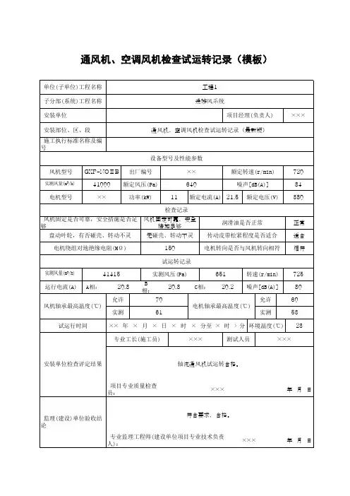 通风机、空调风机检查试运转记录(模板)