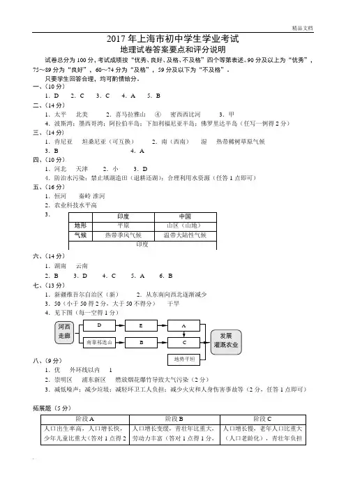 上海市初中学生学业考试参考答案