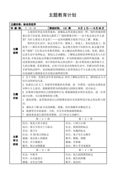 大班主题教育计划 ：标志的世界