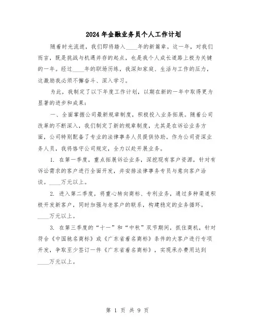 2024年金融业务员个人工作计划（五篇）