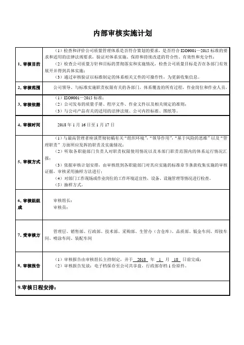 内部审核实施计划