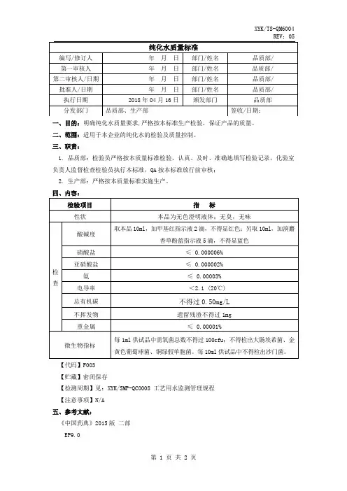 纯化水质量标准
