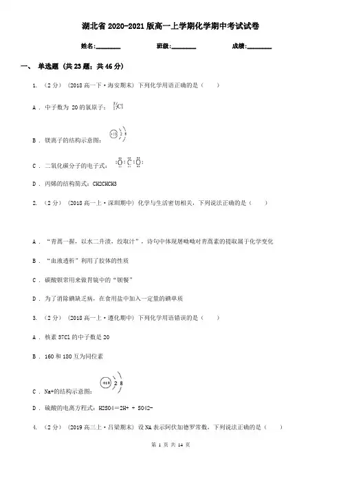 湖北省2020-2021版高一上学期化学期中考试试卷
