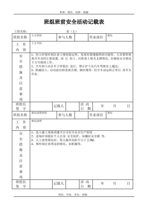 班组班前安全活动记录表模板