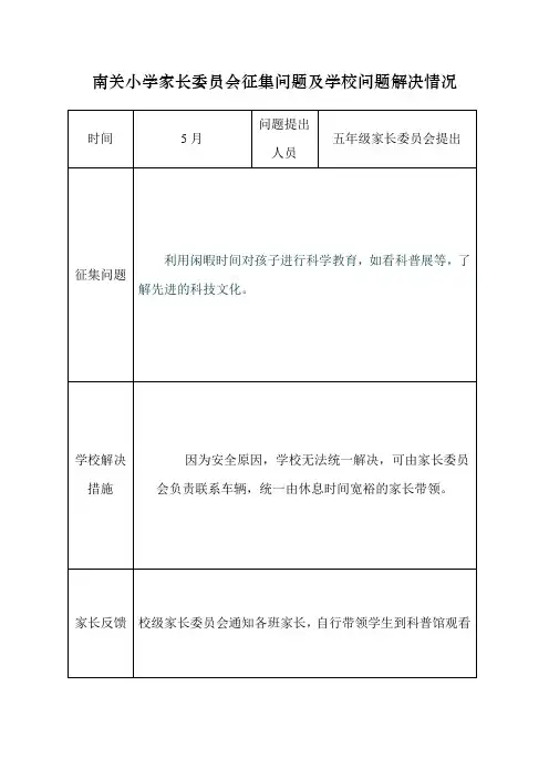 南关小学家长委员会征集问题及学校问题解决情况