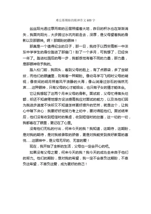 难忘那期盼的眼神作文600字_初一作文_