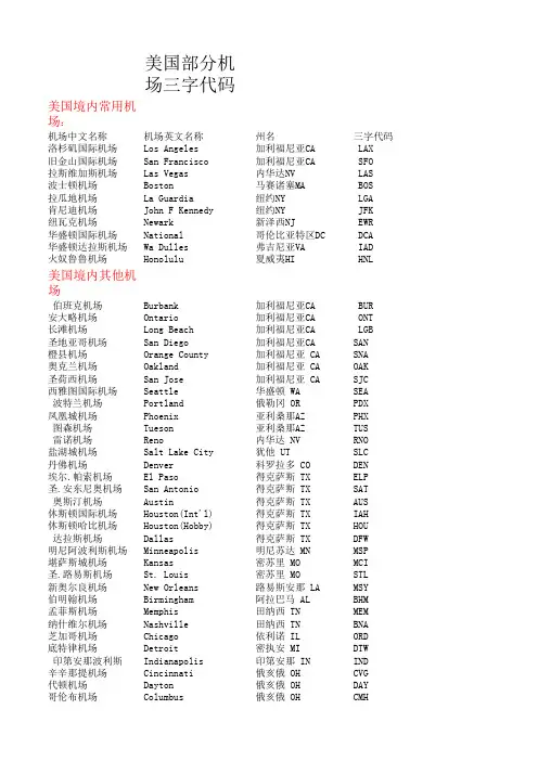 美国部分机场三字代码