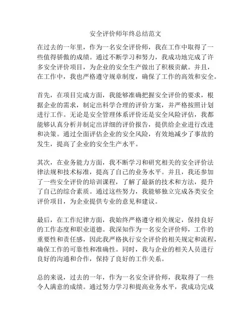 安全评价师年终总结范文