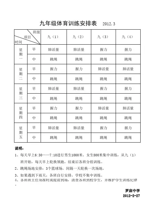 九年级体育训练安排
