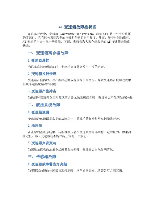 AT变速箱故障症状表