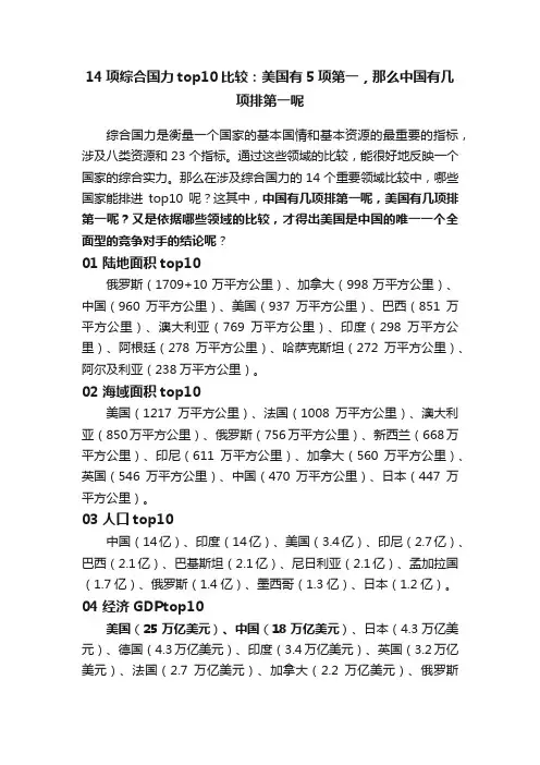 14项综合国力top10比较：美国有5项第一，那么中国有几项排第一呢