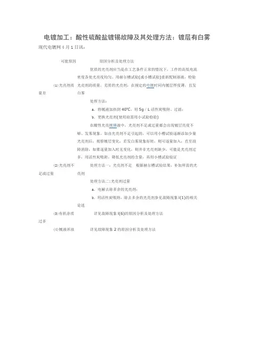 电镀加工：酸性硫酸盐镀锡故障及其处理方法：镀层有白雾